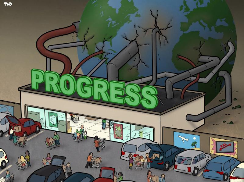 Cartoon showing a large store with a parking lot in front. People are walking with loaded shopping carts, and loading stuff they bought into their SUVs. The store has a large sign on the roof that reads 'Progress'. Behind the store, we see a large planet earth. Numerous hoses and pipes are plugged into the earth, and the resources that are extracted flow into the store.