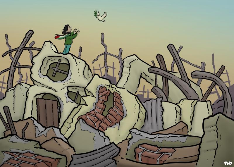 Cartoon showing a girl with a scarf that has the colors of the flag of Palestine. She is standing with her arms extended as a white dove comes flying towards her. She is standing on the rubble of ruined building. The ruins form the shape of a giant skull and rib cage.