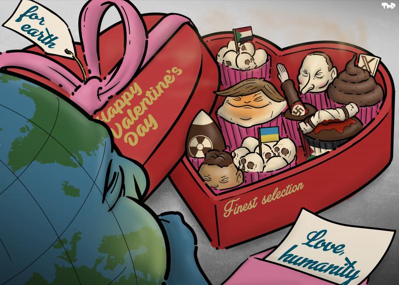 Happy Valentine's Day, earth! Cartoon from last year.  #Valentime #ValentinesDay #love #humanity  Cartoon showing the earth with a nauseated face, looking down at a heart-shaped box of chocolates with the text 'Happy Valentine's Day' on it. The box is filled with different chocolates, with shapes of the head of Trump, Putin, and Kim Jong UN. Other chocolates are shaped like a nuclear missile, an arm giving a Nazi salute, a turd with an X logo on it, and piles of skulls with the Ukrainian and the Palestinian