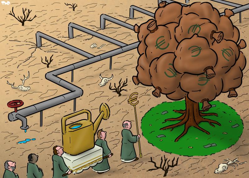 Cartoon showing a procession of priests reverently carrying a golden watering can towards a tree in full bloom. Instead of leaves, the tree has money bags. The tree is standing on a small patch of green grass in the middle of a desert with dead trees and animal skulls. A water tap has several pipes going into the cracked ground.