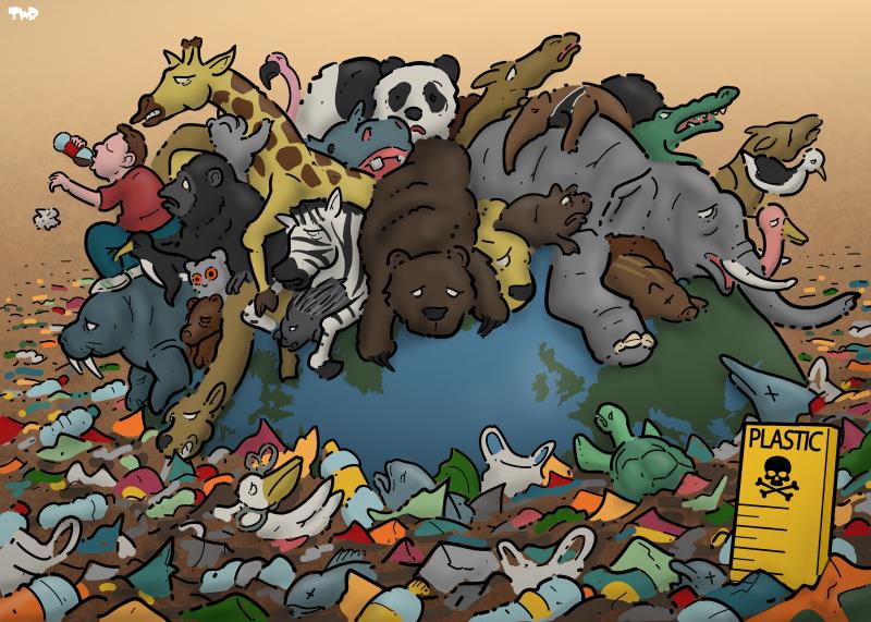 Cartoon showing the earth as an island in a sea of (plastic) waste. Animals are piled on top of each other on the island to escape from drowning in the plastic ocean. A human also sits on the island, on top of one of the animals, drink from a plastic coke bottle and casually throwing a plastic wrapper in the sea of waste.