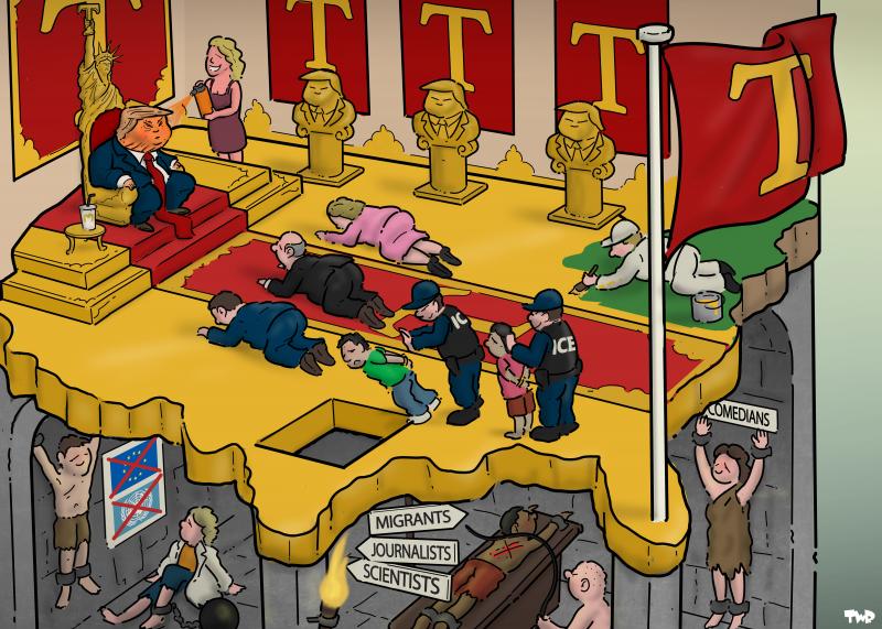 Cartoon showing a throne room with Trump on a golden throne, surrounded by gold ornaments, golden busts of Donald Trump, and red flags with a large golden 'T' on it. Sycophants are on the floor before the throne, on their knees with heads to the floor, while a lady servant next to the throne sprays orange spray tan onto Trump's face. The golden throne room floor has the shape of America. To the left there is a hole in the floor. Two ICE goons are pushing migrants in the hole. Below the golden floor we see a