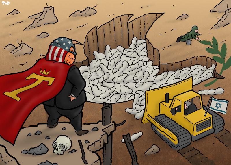 Cartoon showing Donald Trump in a superhero costume standing in a heroic pose with his arms in his sides and his cape billowing in the wind. He is standing on a ruined building, looking out over a giant pit in the shape of the dove of peace that is being filled with bodies wrapped in white sheets by a bulldozer with an Israeli flag. A soldier is painting the olive branch next to the dove-shaped hole.