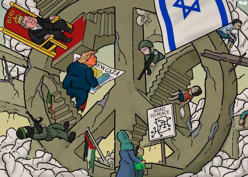 Cartoon showing a large peace sign in an Escher-like setting, with multiple perspectives and stairs going off into different directions. On the different stairs and floors we see Netanyahu on a golden throne, Trump looking at plans for New Gaza (with Trump towers and a golden state of himself, Hamas and hungry children. Body bags and skulls fill the nooks and crannies between the stairs. A mother and child look at a sign that says 'Road to peace' and shows a tangle of arrow all pointing in different directi
