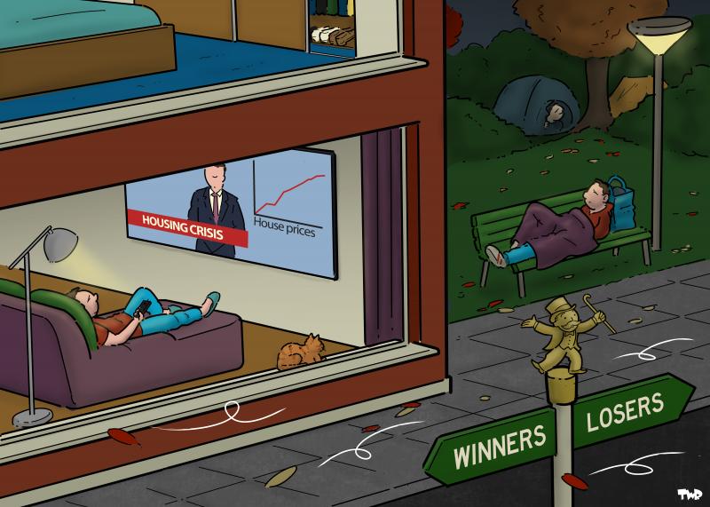 Cartoon showing a street. On one side of the street, we're looking inside a spacious, luxurious house. A man lies on the couch watching the news on TV, which is about the housing crisis. A graph of rising house prices is visible. On the other side of the street is a park. A man lies on a park bench with a blanket over him. In the background, we see homeless people in tents among the trees. There's a signpost with a Monopoly figure on top. A "Winners" sign points to the house, and a "Losers" sign to the park