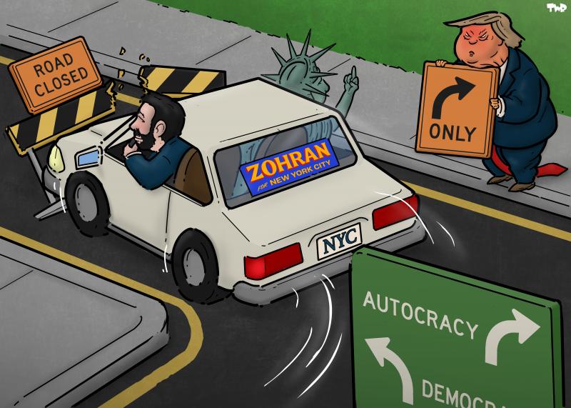 Cartoon showing Zohran Mamdani driving in a car with the Statue of Liberty. They are taking a sharp left turn, breaking through a fence with a Road closed' sign, while an angry Trump stands on the pavement holding an only right turns sign. Meanwhile Lady Liberty is leaning out the window giving Trump the finger.