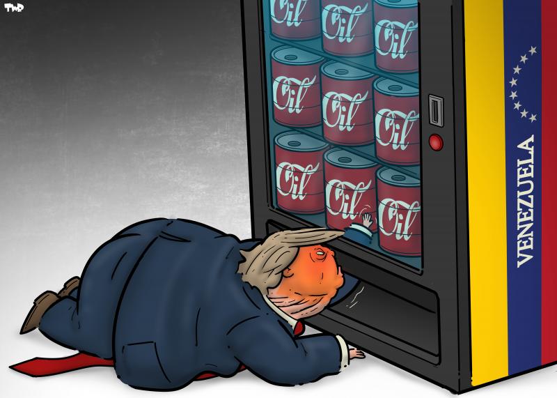 Cartoon showing Donald Trump lying on his belly reacting into the vending slot of a soda machine, trying to get one out without paying. The soda machine is labeled 'Venezuela' and the soda cans in the machine are actually oil barrels, with 'Oil' writing on them in the Coca-Cola font.