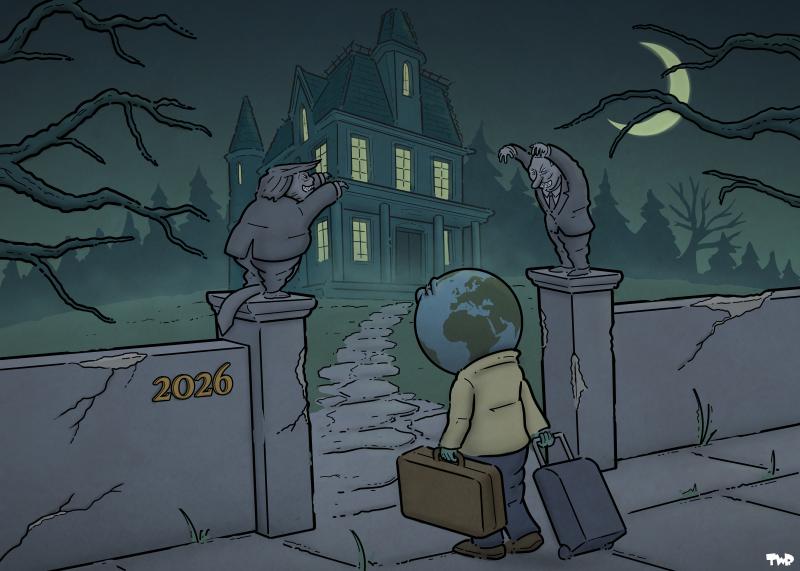 Cartoon showing a spooky house on a hill at night, surrounded by fog; a path leads up to the house. A man with a head in the shape of the world is standing at the entrance to the path carrying suitcases. The entrance is flanked by a wall, with statues of gargoyles in the shape of Donald Trump and Vladimir Putin. The house number '2026' is mounted in brass numbers on the wall.