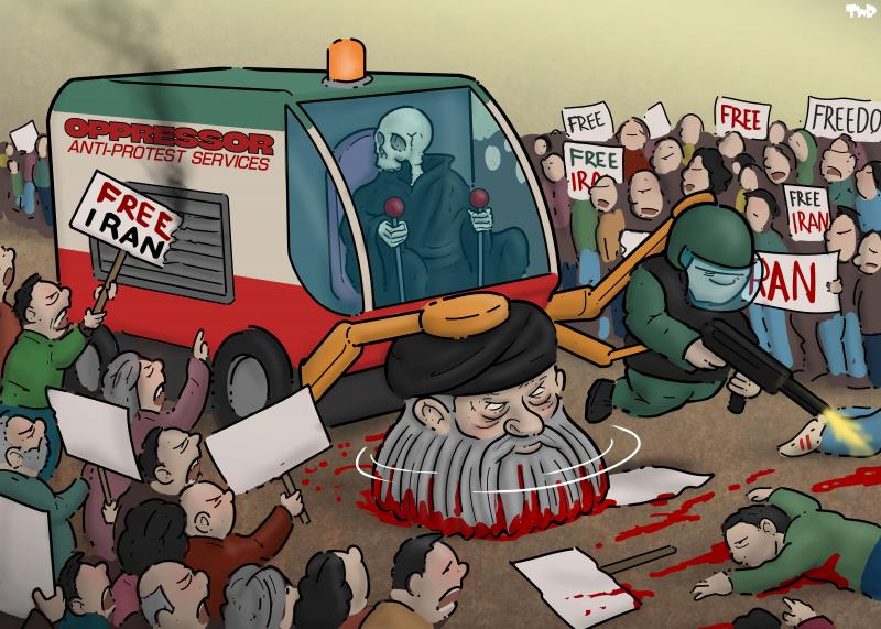 Cartoon showing the Grim Reaper driving a street sweeper with ‘Oppression - anti-protest services’ written on the side. The rotating brush in front of the machine is shaped like Khamenei, with his beard cleaning the blood of shot down protesters. The protesters are shot down by a riot police man, also attached to the street sweeper (like a cleaning attachment) and controlled by the Grim Reaper from the cabin. The machine is surrounded by Iranian protesters, holding up signs that say ‘Free Iran’. One of the 