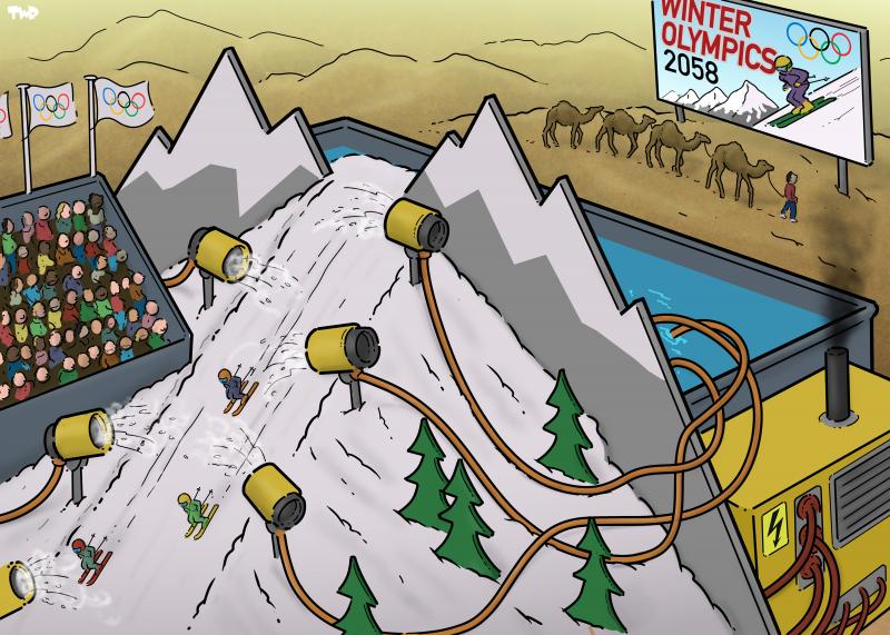 Cartoon showing an artificial ski slope; a number of snow cannons are maintaining the slope, while the mountains behind, as well as some pine trees to the side, seem to be made from plywood. A giant basin of water is supplying the snow cannons and a large Diesel generator is providing power. Behind the ski slope we see a desert with a caravan of camels; the person leading the camels is looking up a t a large billboard that is advertising the Winter Olympics of 2058.
