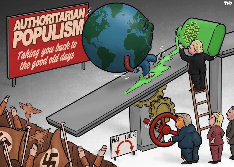 Cartoon showing a ramp with the earth (shown with arms and legs) walking on it. The ramp is tilting backwards and the earth is losing its balance, because below the ramp Trump is turning a big wheel to the left. A sign next to the wheel says 'Past, turn left, future, turn right'. Left of the ramp, we see a pit out from which flags with swastikas and hands giving nazi salutes emerge. Geert Wilders is standing on a ladder pouring green soap onto the ramp, as Marine Le Pen and Viktor Orbán look on.