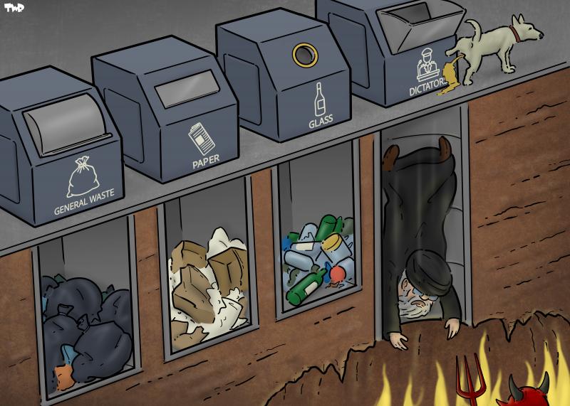 Cartoon showing a row of four underground containers. The top part shows the first one with the symbol of a trash bag on it and the text ‘General waste’; the second one has the symbol of a newspaper on it and the text ‘Paper’; the third one has the symbol of a bottle on it and the text ‘Glass’. And the fourth one has the symbol of a man in a general’s uniform on it and the text ‘Dictators’ on it. The fourth container has a longer chute that ends in hell. Khamenei is falling down the chute.