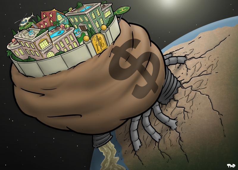 Cartoon showing a giant tick sucking the world dry. The body of the tick is a giant money bag with a dollar sign and the legs are giant steel pipes, that are plugged into the earth together with the head, extracting its resources. At the top a the tick's body is a gated community filled with opulent villas that have roof pools and helicopter landing pads. A golden gate labeled 'The 1%' gives access to the villas.