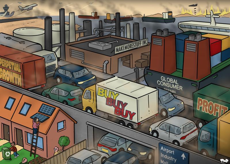  Cartoon showing a highway full of traffic. Trucks riding on the highway have the words 'PERPETUAL GROWTH' 'PROFIT' and 'BUY BUY BUY' on them. Behind the highway we see a large container ship named 'GLOBAL CONSUMER'; next to the ship is a warehouse with a sign that reads 'MAKEMORESTUFF INC', with an oil refinery behind it. In the (small) front corner of the cartoon, we see a small row of middle-class houses. People are installing some solar panels, tending a very small vegetable garden and recycling.