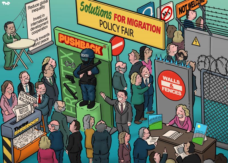 Cartoon showing a policy fair with a sign that reads 'Solutions for migration'. We see several exhibitions with vendors giving demonstrations to policy makers. One vendor is demonstrating the 'Turbo shredder' by shredding documents labeled 'Human rights' and 'Refugee convention'. Yet another is showing off different kinds of walls.One stall to the side draws no attention at all; a banner standing next to a dejected vendor reads 'Reduce global inequality; invest in international development cooperation'