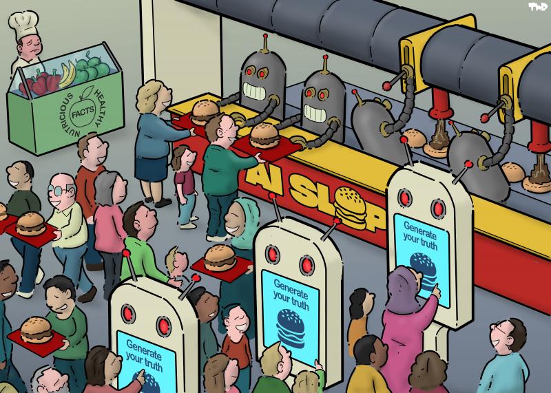 Cartoon showing the inside of a fast food restaurant with lots of people waiting for food. The logo on the counter reads 'AI slop'. People are ordering from large screens that have the logo of a hamburger on it and the text 'Generate your truth'. Behind the counter two robots are filling buns with brown slop that comes from a large pipe overhead. To the side a small fruit & salad bar is ignored by everyone; it has the logo of an apple with the text: 'Facts: nutricious & healthy'.