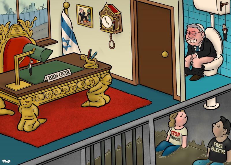 Cartoon showing an ornate office with a golden desk. The legs of the desk are kneeling prisoners, while a small statuette of a kneeling prisoner on the desk is a pen holder. Next to the office is a toilet, where we seen Ben Gvir taking a dump. A pipe connects the toilet with a prison cell below, where two prisoners, wearing shirts with the texts 'Free Palestine' and  'Stop genocide', are sitting in a pool of shit.