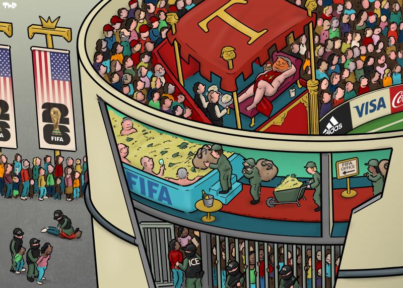 Cartoon showing a FIFA World Cup stadium from the top and side. We see Donald Trump lounging naked as an emperor in a pavilion amidst the audience, eating a McDonalds burger. The side of the stadium is a cross-section: on the second floor, we see FIFA officials bathing in a pool of money, while workers are carrying in more profits. On the first floor ICE officials are locking up people of color in prison cells.