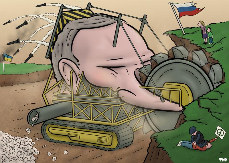 Cartoon showing an open pit mining excavator with the head of Vladimir Putin. The bucket wheel is excavating a cliff with the Russian flag on it; from the back of the excavator, numerous missiles are launched in the direction of Ukraine. From the side of the machine, a pipe is pulling out human skulls and bones. On the Russian cliff, a police an is arresting a peaceful activist.