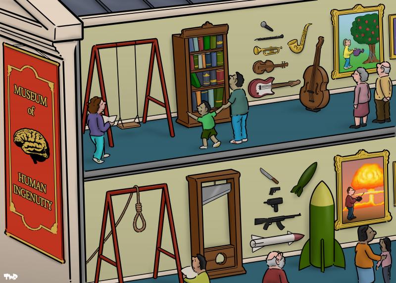 Cartoon showing the front and a cross-section of a museum. On the front, we see a red banner with a picture of a human brain and ‘Museum of Human Ingenuity’ in gold letters. The cross section of the museum shows two floors. On the top floor we see a swing, a bookcase, an assortment of musical instruments and a painting of a human watering a tree. On the bottom floor there is a similar arrangement of items, but the swing has now become a noose, the bookcase a guillotine, the musical instruments are now and a