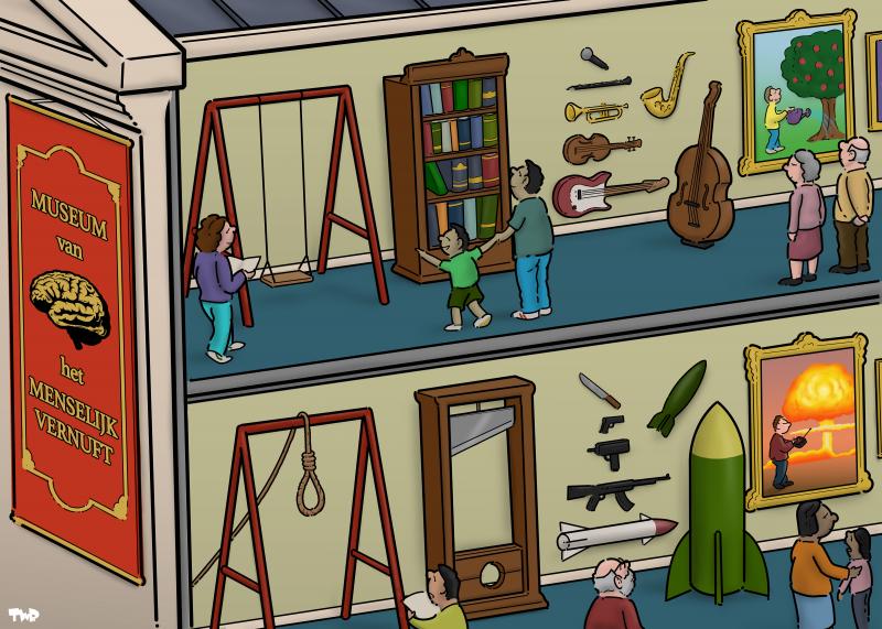 Cartoon showing the front and a cross-section of a museum. On the front, we see a red banner with a picture of a human brain and ‘Museum of Human Ingenuity’ in gold letters. The cross section of the museum shows two floors. On the top floor we see a swing, a bookcase, an assortment of musical instruments and a painting of a human watering a tree. On the bottom floor there is a similar arrangement of items, but the swing has now become a noose, the bookcase a guillotine, the musical instruments are now and a