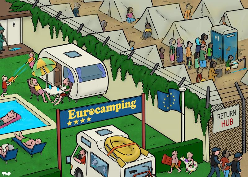 Cartoon showing a camping on one side, and a migrant return hub on the other side, separated by a wall. The camping entrance has a sign that reads 'Eurocamping' and shows four stars. There a pool with people lounging, and a camper van is entering the cam grounds, filled with happy vacationers. Frontex officers are escorting a cuffed person of color to the return hub, which is a dusty area filled with tents. There is a line waiting for one filthy toilet.