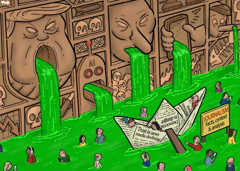 Cartoon showing a wall with sculptures. Giant sculptured heads of Trump, Putin and Pinocchio are spewing forth green liquid from their mouths and long nose respectively, while the rest of the wall is adorned with sculptured skulls. Next to this wall, people are wading through a rising tide of green liquid. A boat made of a newspaper floats in the middle with a sign that reads 'Journalism: Facts, context & analysis'. A person is trying to get people on board, but they walk by, ignoring the boat entirely.