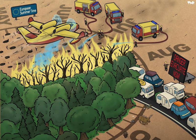 Cartoon showing part of a large clock face on the ground. Instead of numbers, the clock is marked by months: May, June, July and August are visible. A sign stands next to the clock face: 'European Summer Time'. The clock face in front of the big hand is a forest, while the big hand (progressing through the months) is a row of trees that is on fire. Behind the big hand, the ground is bare with tree stumps. In front of the big hand, a row of caravans and camper vans is evacuating the forest, together with var