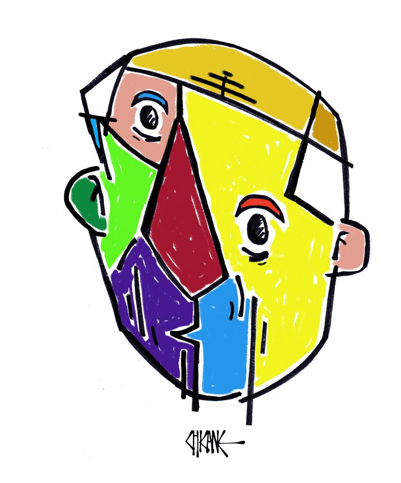 Caricature of Pablo Picasso depicted in the cubist style.