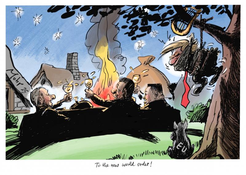 Asterix-party atmosphere with Xi Jinping, Putin and Kim Jong Un sitting around a campfire, toasting. Trump is portrayed as Troubadix, the lousy musician, tied up and hanging from the branch of a tree. The EU is a small dog that watches the gathering from the shadows.