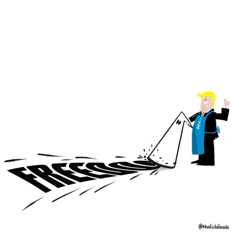 Cartoon showing Donald Trump sucking up the word freedom with a vacuum cleaner shaped like a KKK hood.