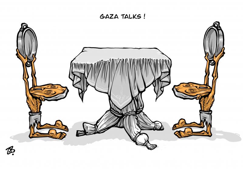 Cartoon showing a table and two chairs. The chairs are made up of kneeling emaciated persons holding up empty pots and the table legs are made up of body bags. The caption reads ‘Gaza talks!’.