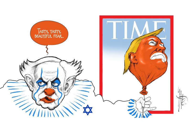 Cartoon showing Netanyahu as Pennywise the clown from It, holding an orange balloon shaped like Donald Trump's head as it appeared on the Time cover this week. Netanyahu has a speech bubble that says: 'Tasty, tasty, beautiful fear...'