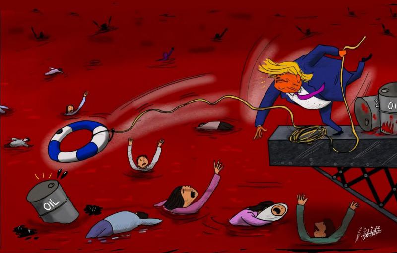 Cartoon showing Trump throwing a lifebuoy ring into a see of blood with people screaming and drowning. The life ring is aimed at an oil barrel that is also floating in the sea.