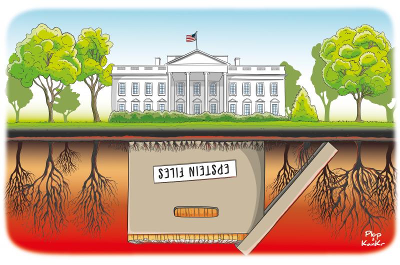 Cartoon showing the White House with a blue sky and green trees around it. Beneath the White House, we see the Upside Down (from Stranger Things). In the Upside Down, the White House has become a large box labeled 'Epstein files', with a red sky and skeletal trees behind it.