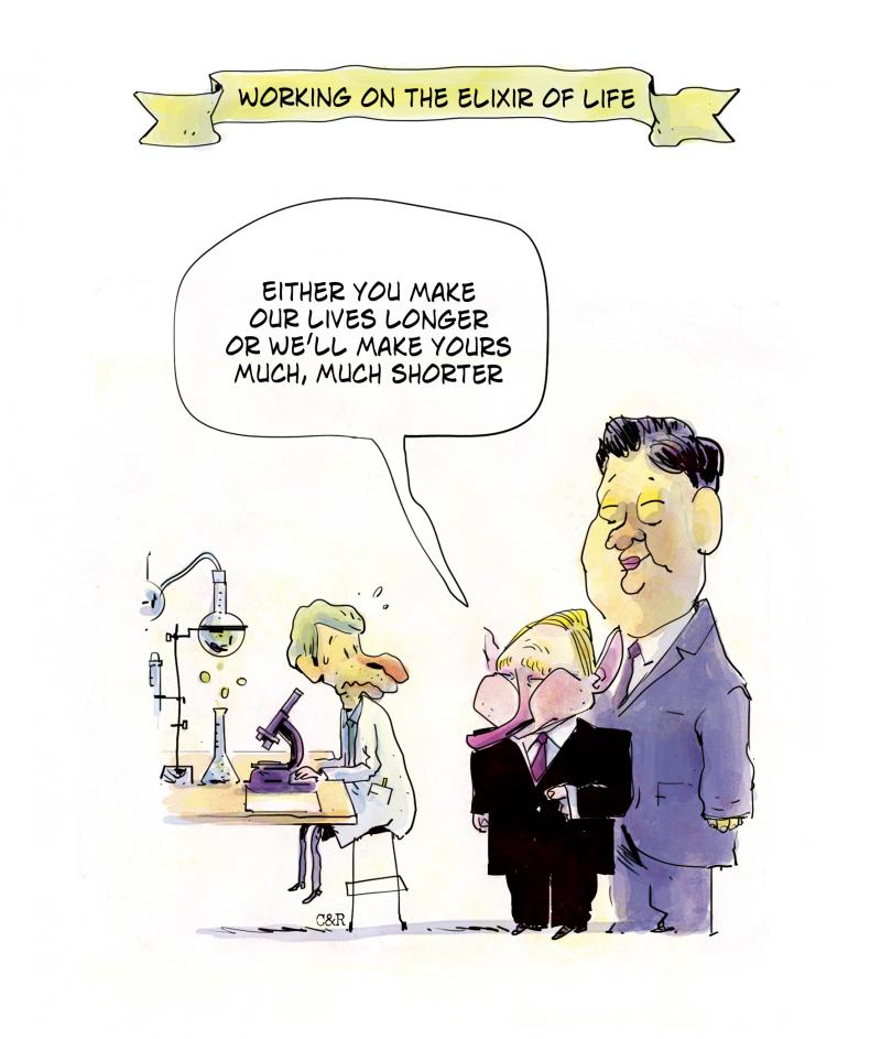 Putin and Xi Jinping threatening a scientist in his lab. Putin says: 'Either you make our lives longer or we'll make your life much, much shorter.' The caption of the cartoon reads" 'Working on the elixer of life'