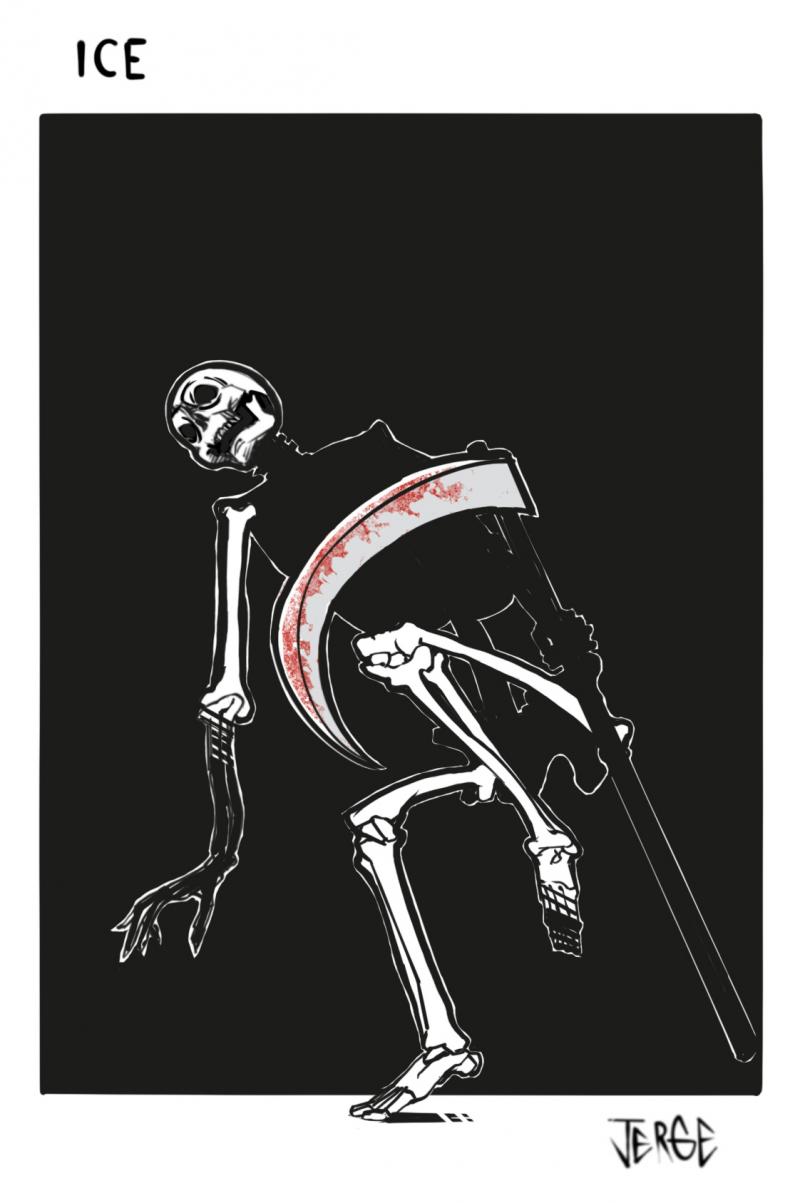 Cartoon showing the Grim Reaper, in such a pose that his skull, bones and scythe form the word ‘ICE’.
