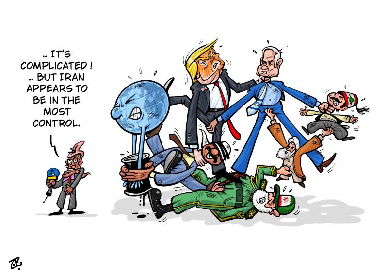 Cartoon showing group of people, including Donald Trump, Khamenei, Netanyahu, the Iranian Revolutionary Guard, the leader of Lebanon, an oil barrel and the earth, all grabbing each other by the balls. A reporter stands to the side with a microphone and says: '..it's complicated! ..but Iran appears to be in the most control.'