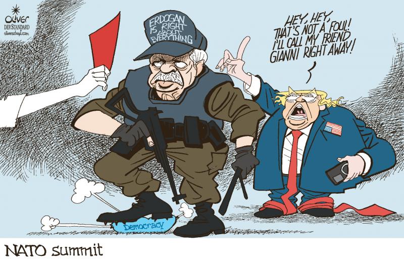 Cartoon showing Erdogan in a military uniform and wearing a 'Erdogan is right about everything' cap. He is stomping on a ball labeled 'democracy' with spiked shoes, deflating it. An arm sticks into the image, showing a red card. Behind Erdogan stands Trump, raising an admonishing finger and saying: 'Hey, hey, that's not a foul! I'll call my friend Gianni right away!'
