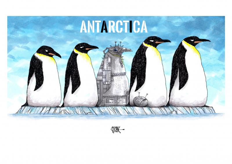 Group of penguins on a small ice shelf. In the middle is a robot penguin and egg. The caption is 'antArctIca', emphasising the 'AI.'