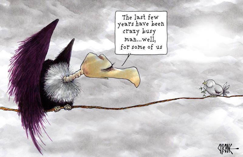 Variation of War Birds 1-with the vulture (death) and the dove (peace) on the same branch under leaden skies. The vulture complains at its workload,  stating that," The last few years have been crazy busy,,,for some of us," implying that the dove is lazy.