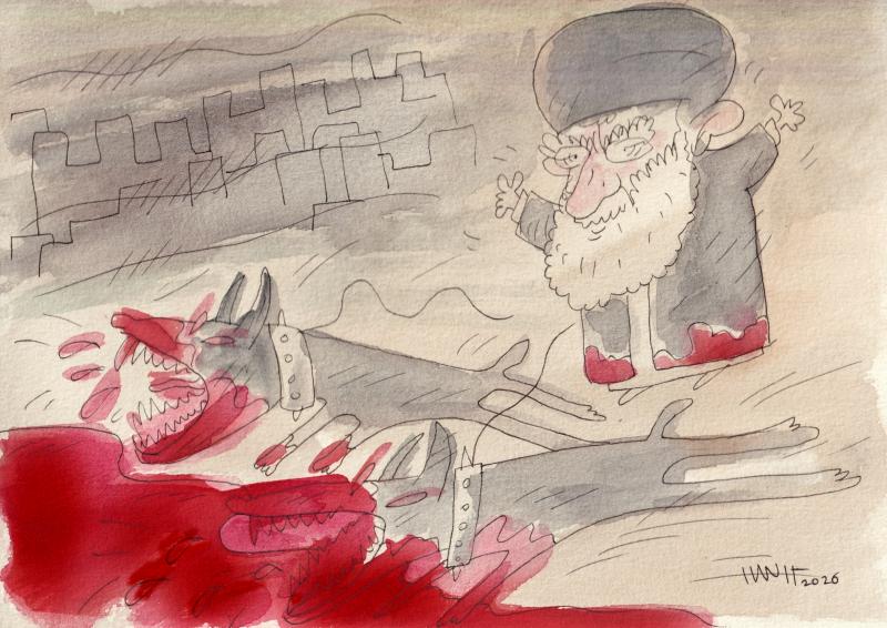 A watercolor style political cartoon shows a bearded cleric ( Khamenei - Islamic Republic of Iran's supreme leader ) with raised hands standing beside two snarling guard dogs on leashes, their muzzles and paws covered in blood, with a large pool of blood on the ground and a faint city skyline in the background.