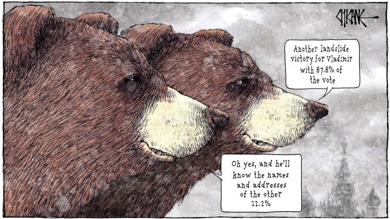 A coupleof bears comment on Putins predictable victory in the Russian Presidential elections, securing 87.8% of the vote, and knowing the names of the 12.2% who didn't support him.