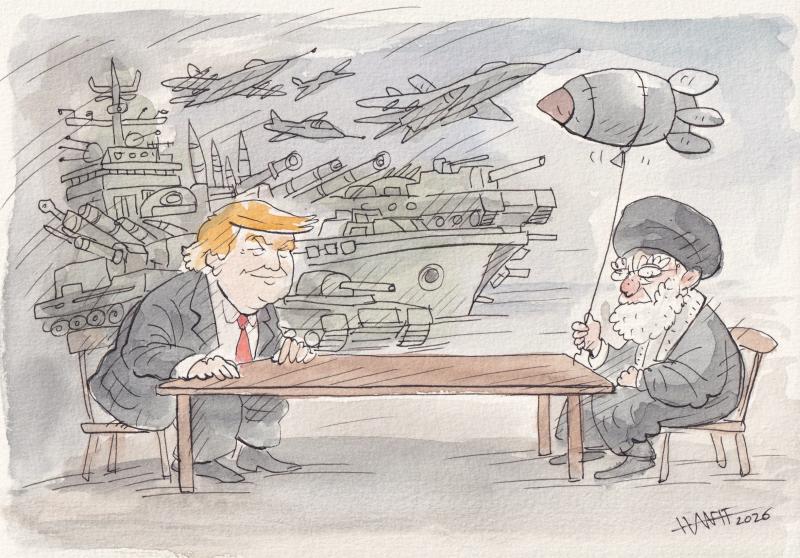 Cartoon showing a U.S. leader backed by overwhelming military power facing Iran’s supreme leader, who holds a missile shaped balloon, highlighting a delusional sense of strength in an unequal confrontation.