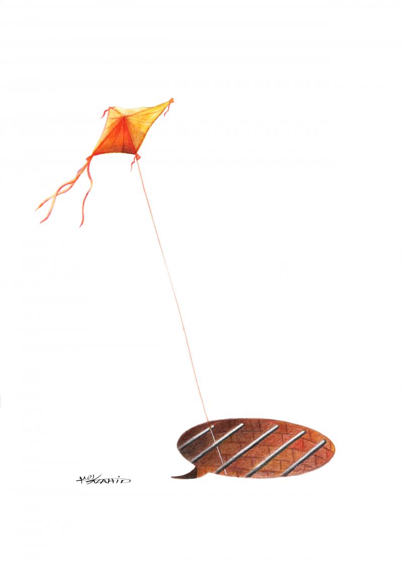 Cartoon showing a kite emerging from a hole in the ground. The hole has bars in it, suggesting an underground dungeon, and is in the shape of a speech bubble.