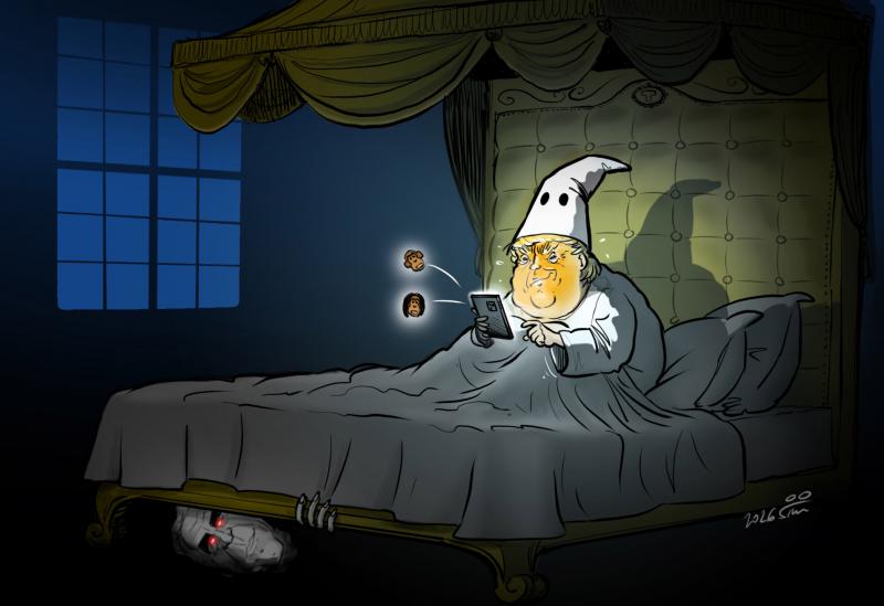 Trump in bed typing racist comments, while Epstein's ghost hiding under his bed.