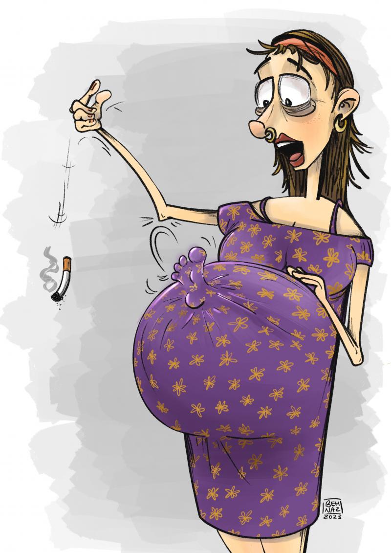 Cartoon of a pregnant woman in a purple floral dress, looking shocked as a baby’s foot pushes out against her belly, knocking a lit cigarette from her hand.