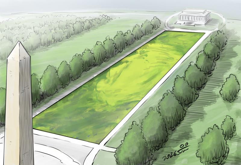 The reflecting pool in Washington DC is covered up un algae in the shape of Donald Trump's face of Donald Trump.