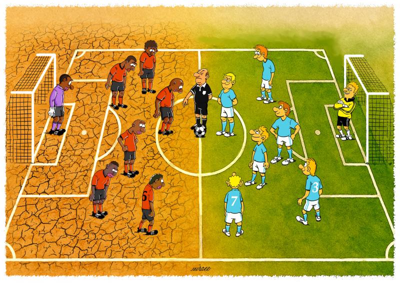 A football field split in two: one half green grass, the other dry cracked ground, with players standing on both sides.