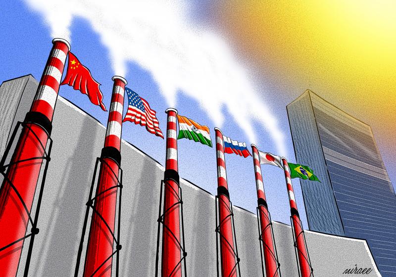 Industrial smokestacks topped with national flags release thick smoke next to the UN building under a blazing sun.